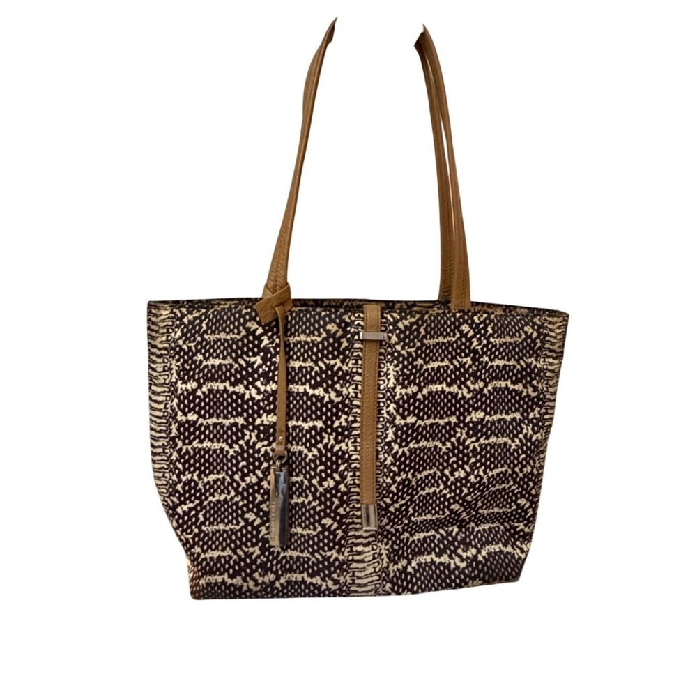 Vince Camuto Animal Print Tote Bag Tan Black Leather Trim Large Shoulder Bag